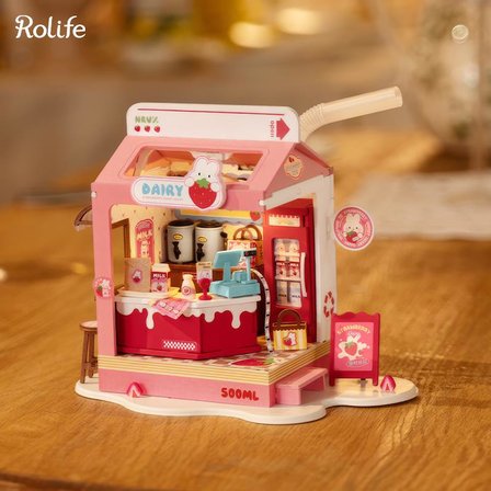 Rolife DS034 Çilekli Süt Dükkanı (Strawberry Milk Box) DIY Minyatür Maket Model Seti Mini Dollhouse 3D Model Kit Detaylı Dekoratif Hobi Seti 3D Puzzle Tiny House