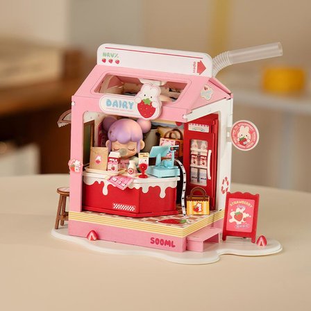 Rolife DS034 Çilekli Süt Dükkanı (Strawberry Milk Box) DIY Minyatür Maket Model Seti Mini Dollhouse 3D Model Kit Detaylı Dekoratif Hobi Seti 3D Puzzle Tiny House