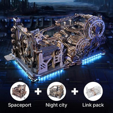 ROKR LGC01 Marble Spaceport Marble Run DIY Minyatür Maket Model Seti Ahşap 3D Wooden Puzzle 3D Model Kit Detaylı Dekoratif Hobi Seti Ahşap Maket