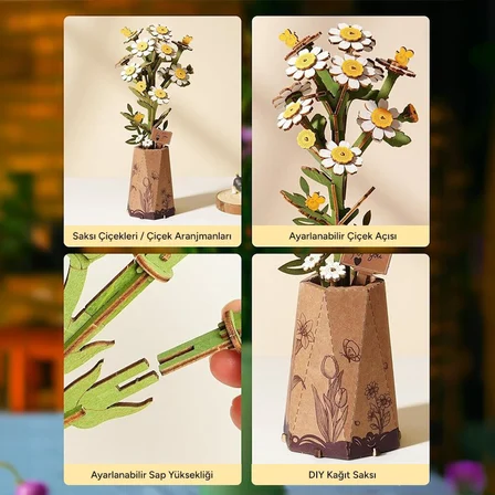 Rowood TW061 Papatya Çiçeği Chamomile DIY Minyatür Maket Model Seti Ahşap 3D Wooden Puzzle Model Kit Ahşap Maket Dekoratif Hobi Seti