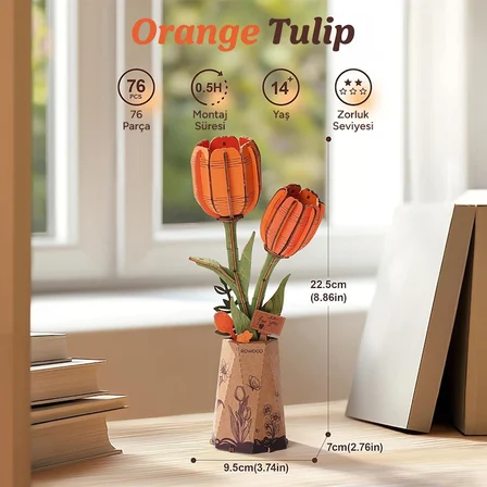 Rowood TW081 Lale Çiçeği (Orange Tulip) DIY Minyatür Maket Model Seti Ahşap 3D Wooden Puzzle 3D Model Kit Ahşap Maket Dekoratif Hobi Seti