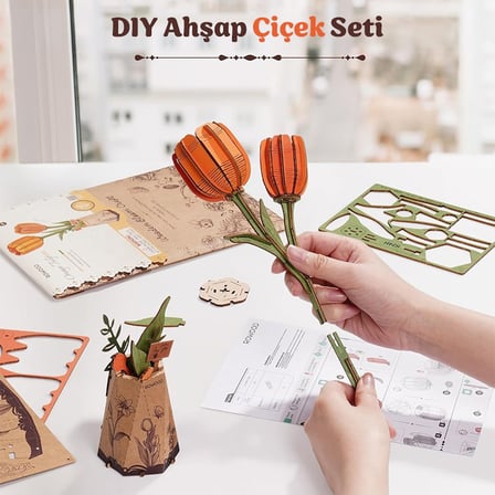 Rowood TW081 Lale Çiçeği (Orange Tulip) DIY Minyatür Maket Model Seti Ahşap 3D Wooden Puzzle 3D Model Kit Ahşap Maket Dekoratif Hobi Seti
