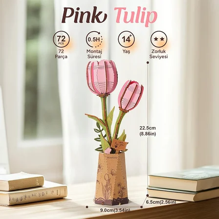 Rowood TW082 Pembe Lale Çiçek (Pink Tulip) DIY Minyatür Maket Model Ahşap 3D Wooden Puzzle Model Kit Ahşap Maket Dekoratif Hobi Seti