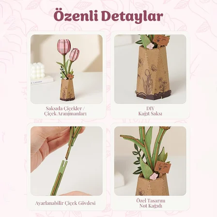 Rowood TW082 Pembe Lale Çiçek (Pink Tulip) DIY Minyatür Maket Model Ahşap 3D Wooden Puzzle Model Kit Ahşap Maket Dekoratif Hobi Seti