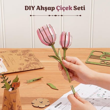 Rowood TW082 Pembe Lale Çiçek (Pink Tulip) DIY Minyatür Maket Model Ahşap 3D Wooden Puzzle Model Kit Ahşap Maket Dekoratif Hobi Seti