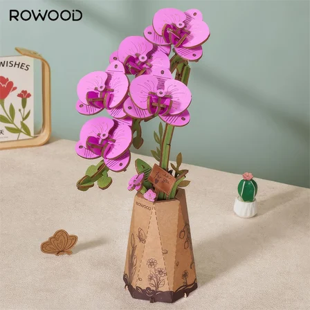 Rowood TW091 Orkide Çiçeği Purple Moth Orchid DIY Minyatür Maket Model Set Ahşap 3D Wooden Puzzle Model Kit Ahşap Maket Dekoratif Hobi Seti