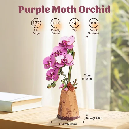 Rowood TW091 Orkide Çiçeği Purple Moth Orchid DIY Minyatür Maket Model Set Ahşap 3D Wooden Puzzle Model Kit Ahşap Maket Dekoratif Hobi Seti