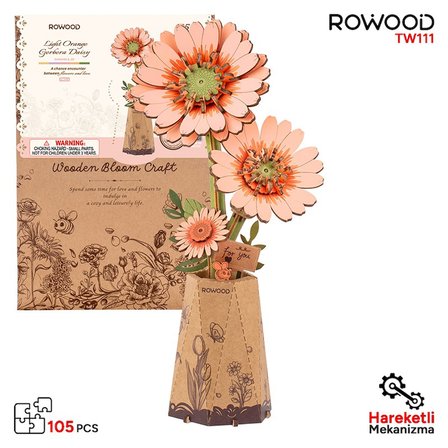 Rowood TW111 Gerbera Çiçeği Light Orange Gerbera DIY Minyatür Maket Model Set Ahşap 3D Wooden Puzzle 3D Model Kit Ahşap Maket Dekoratif Hobi Seti
