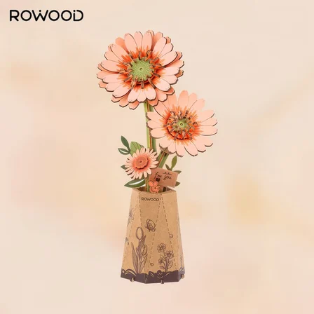 Rowood TW111 Gerbera Çiçeği Light Orange Gerbera DIY Minyatür Maket Model Set Ahşap 3D Wooden Puzzle 3D Model Kit Ahşap Maket Dekoratif Hobi Seti
