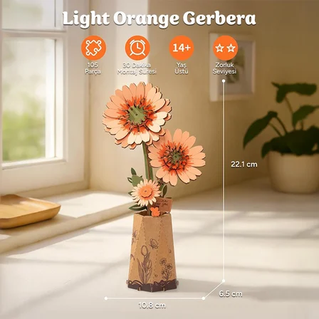 Rowood TW111 Gerbera Çiçeği Light Orange Gerbera DIY Minyatür Maket Model Set Ahşap 3D Wooden Puzzle 3D Model Kit Ahşap Maket Dekoratif Hobi Seti