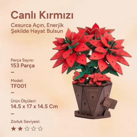 Rowood TF001 Atatürk Çiçeği Poinsettia DIY Minyatür Maket Model Set Ahşap 3D Wooden Puzzle Model Kit Ahşap Maket Dekoratif Hobi Seti
