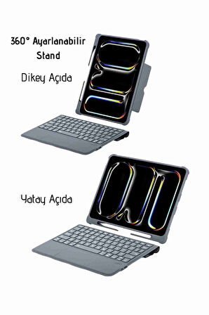 iPad Pro 13 2024 Uyumlu 360° Manyetik Standlı Ledli Touchpadli Katanya Klavyeli Tablet Kılıfı
