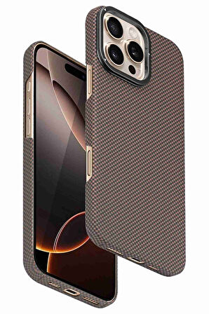 Fuchsia iPhone 16 Pro Max Uyumlu Manyetik Şarj Özellikli Lens Standlı Kevlar Telefon Kılıfı
