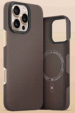 Fuchsia iPhone 16 Pro Max Uyumlu Manyetik Şarj Özellikli Lens Standlı Kevlar Telefon Kılıfı