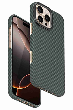 Fuchsia iPhone 16 Pro Max Uyumlu Manyetik Şarj Özellikli Lens Standlı Kevlar Telefon Kılıfı