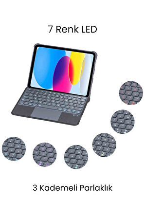 iPad 10. Nesil Uyumlu Fuchsia Katanya 360° Manyetik Standlı Ledli Touchpadli Klavyeli Tablet Kılıfı