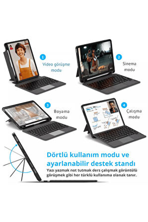 iPad 11.Nesil A16 2025 Uyumlu Fuchsia Touch Pad Bluetooth Klavyeli Standlı Mıknatıslı Tablet Kılıfı