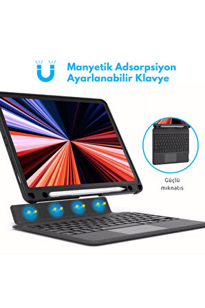 iPad 11.Nesil A16 2025 Uyumlu Fuchsia Touch Pad Bluetooth Klavyeli Standlı Mıknatıslı Tablet Kılıfı