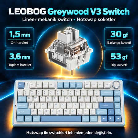 Aula F75 Mekanik RGB TKL Gray Switch Kablosuz Makrolu Hot Swap Klavye Buz Mavisi