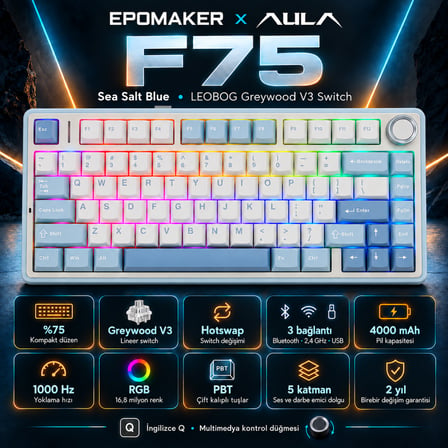 Aula F75 Mekanik RGB TKL Gray Switch Kablosuz Makrolu Hot Swap Klavye Buz Mavisi