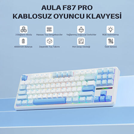 Aula F87 PRO Mekanik RGB TKL GrayWood V3 Switch Kablosuz Makrolu Hot Swap Klavye Buz Mavi