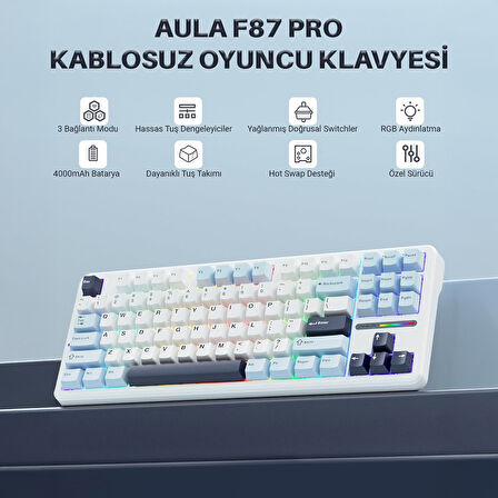 Aula F87 PRO Mekanik RGB TKL GrayWood V3 Switch Kablosuz Makrolu Hot Swap Klavye Açık Mavi