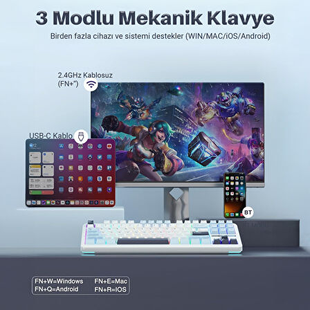 Aula F87 PRO Mekanik RGB TKL GrayWood V3 Switch Kablosuz Makrolu Hot Swap Klavye Açık Mavi