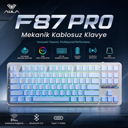 Aula F87 PRO Mekanik RGB TKL GrayWood V4 Switch Kablosuz Makrolu Hot Swap Klavye Gradyan Mavi