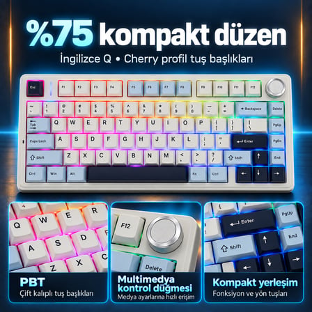 Aula F75 Mekanik RGB TKL Reaper Switch Kablosuz Makrolu Hot Swap Klavye Lacivert