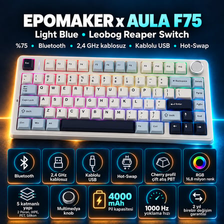 Aula F75 Mekanik RGB TKL Reaper Switch Kablosuz Makrolu Hot Swap Klavye Lacivert