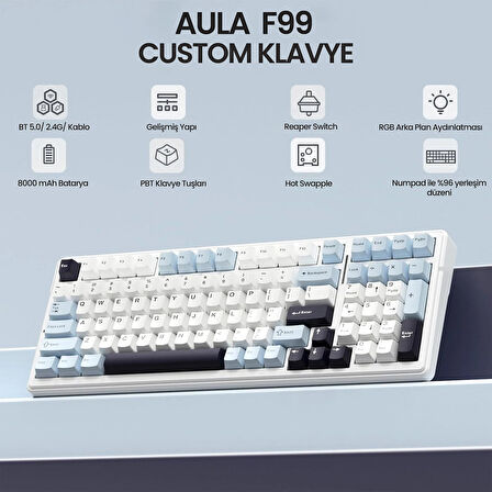 Aula F99 3 Modlu RGB Hot Swap Mekanik Reaper Switch Kablosuz Makrolu Klavye Lacivert