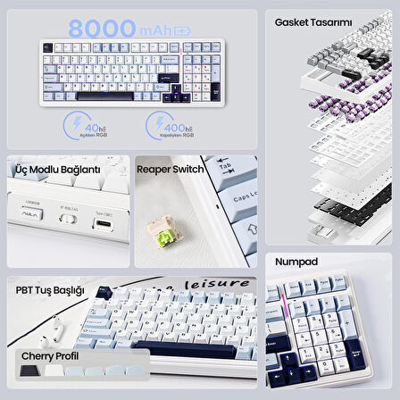 Aula F99 3 Modlu RGB Hot Swap Mekanik Reaper Switch Kablosuz Makrolu Klavye Lacivert