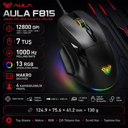 Aula F815 12800DPI Rainbow 7 Tuşlu Makro Optik Gaming Oyuncu Mouse