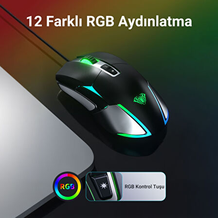 Aula F816 RGB Efektli 12800DPI Kablolu Optik Gaming Oyuncu Mouse