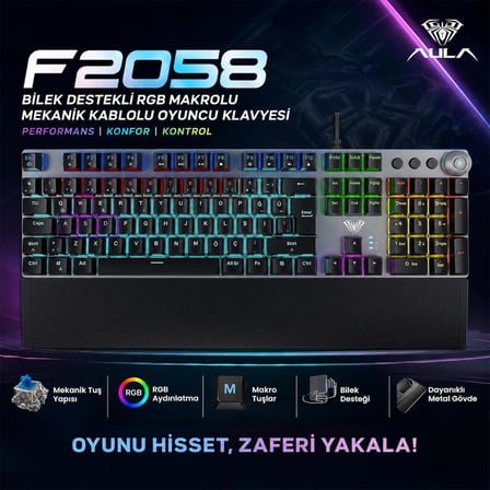Aula F2058 Bilek Destekli RGB Makrolu Mekanik Kablolu Oyuncu Klavyesi
