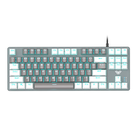Aula F3287 Mavi Işıklı Kablolu Mekanik İngilizce Q TKL Gaming Oyuncu Klavyesi Gri