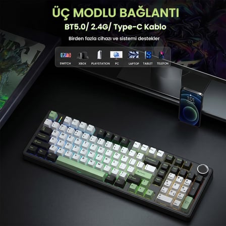 Aula F99 Pro 3 Modlu RGB Hot Swap Mekanik Star Vector Switch Kablosuz Makrolu Klavye Yesil