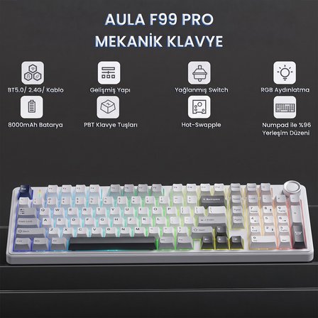 Aula F99 Pro 3 Modlu RGB Hot Swap Mekanik Star Vector Switch Kablosuz Makrolu Klavye Gri