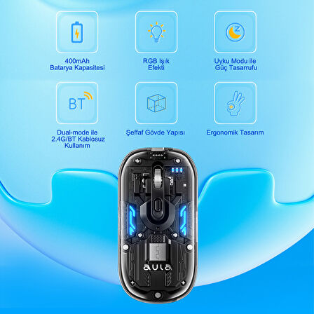 Aula AM210 Dual Mode Bluetooth ve Kablosuz 1600DPI RGB Şeffaf Şarjlı Mouse