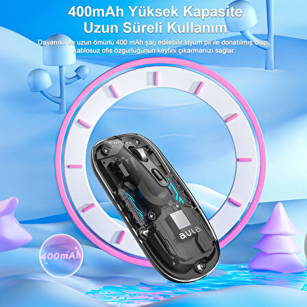 Aula AM210 Dual Mode Bluetooth ve Kablosuz 1600DPI RGB Şeffaf Şarjlı Mouse