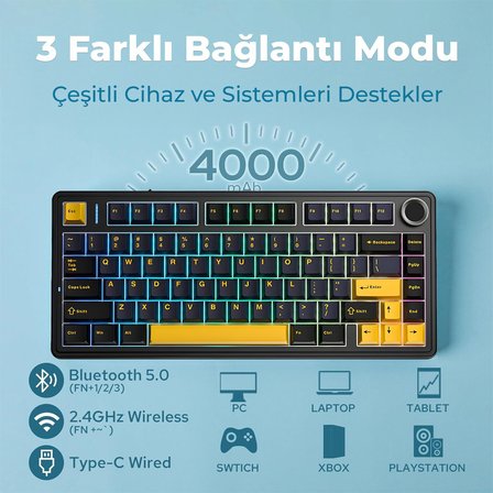 Aula F75 Mekanik RGB Klavye TKL Crescent Switch Tri Mode Kablosuz Makrolu Hot Swap Gaming Oyuncu Klavyesi Siyah