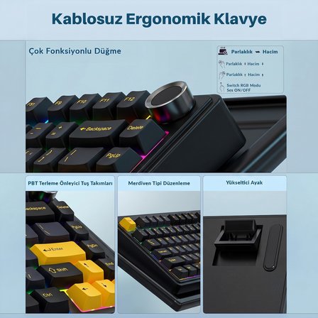 Aula F75 Mekanik RGB Klavye TKL Crescent Switch Tri Mode Kablosuz Makrolu Hot Swap Gaming Oyuncu Klavyesi Siyah