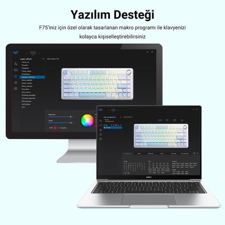 Aula F75 Mekanik RGB Klavye TKL Crescent Switch Tri Mode Kablosuz Makrolu Hot Swap Gaming Oyuncu Klavyesi Buz Mavisi