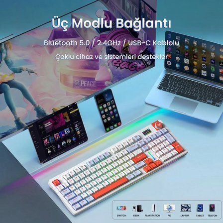 Aula S98 Pro 3 Modlu RGB Hot Swap Mekanik Nimbus V3 Switch Kablosuz Makrolu Klavye Turuncu