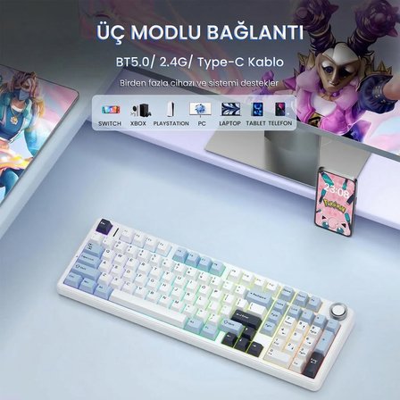Aula F99 Pro 3 Modlu RGB Hot Swap Mekanik Star Vector Switch Kablosuz Makrolu Klavye Lacivert