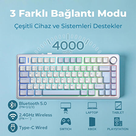 Aula F75 Mekanik RGB TKL GrayWood V4 Switch Kablosuz Makrolu Hot Swap Türkçe Q Klavye Buz Mavisi