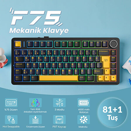 Aula F75 Mekanik RGB TKL GrayWood V4 Switch Kablosuz Makrolu Hot Swap Türkçe Q Klavye Siyah