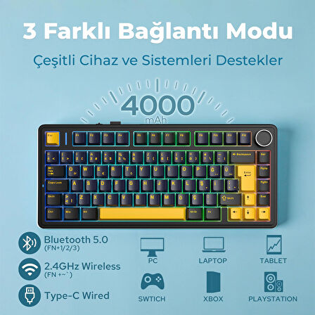 Aula F75 Mekanik RGB TKL GrayWood V4 Switch Kablosuz Makrolu Hot Swap Türkçe Q Klavye Siyah