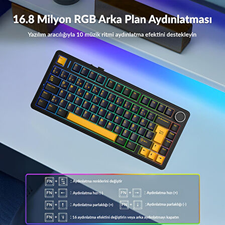 Aula F75 Mekanik RGB TKL GrayWood V4 Switch Kablosuz Makrolu Hot Swap Türkçe Q Klavye Siyah