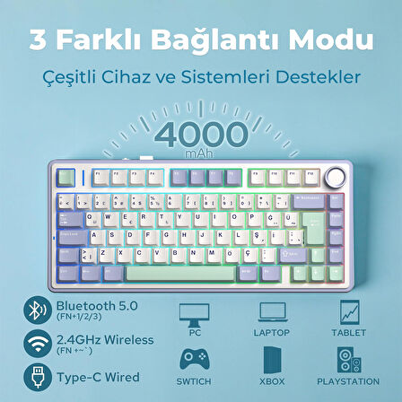 Aula F75 Mekanik RGB TKL GrayWood V4 Switch Kablosuz Makrolu Hot Swap Türkçe Q Klavye Pastel